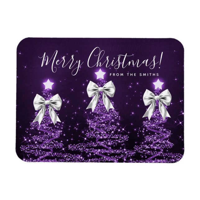 Íman Holiday Purple Christmas Trees Greeting Silver  (Horizontal)