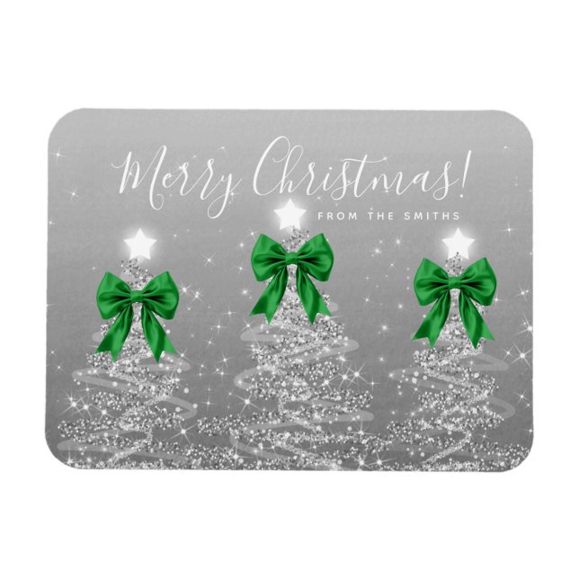 Íman Holiday Silver Christmas Trees Greeting Green  (Horizontal)