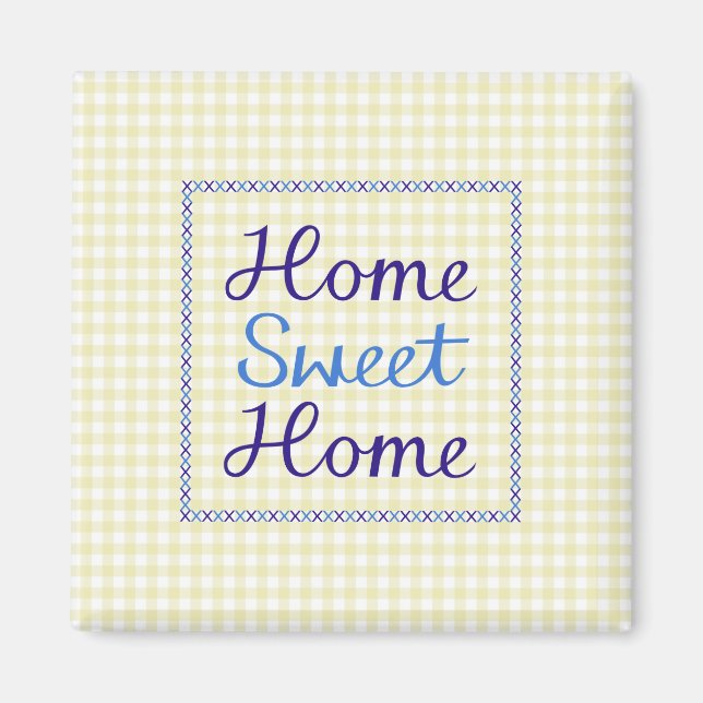 Íman Home Sweet Home Script em Blues no Yellow Gingham (Frente)