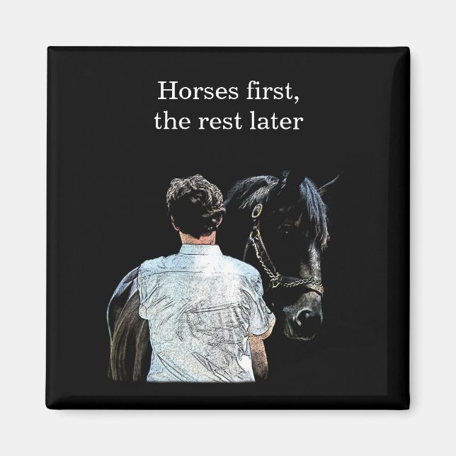 Íman Homem Segurando Magneta Escura Cavalo (Frente)