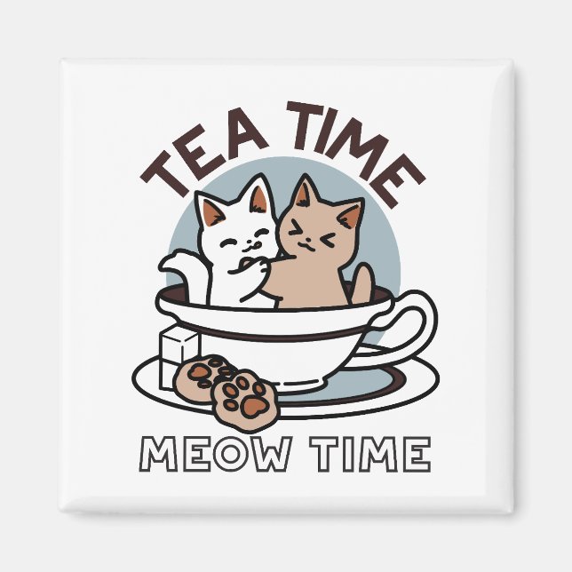 Íman Hora do Tea Meow - Design de Gato e Chá (Frente)