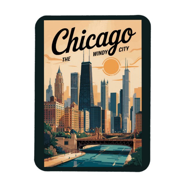 Íman Horizonte de Chicago Illinois Viagem Arte Vintage (Vertical)
