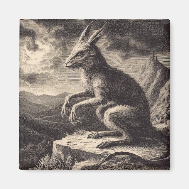 Íman Horror de Ilustração Antiquada Chupacabra (Frente)