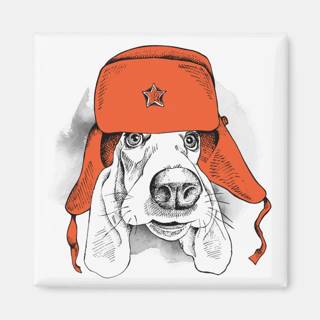Íman Hound Basset | Red Ushanka Hat (Frente)