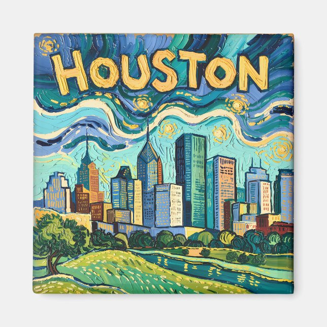 Íman Houston Skyline Colorful Van Gogh Cityscape (Frente)