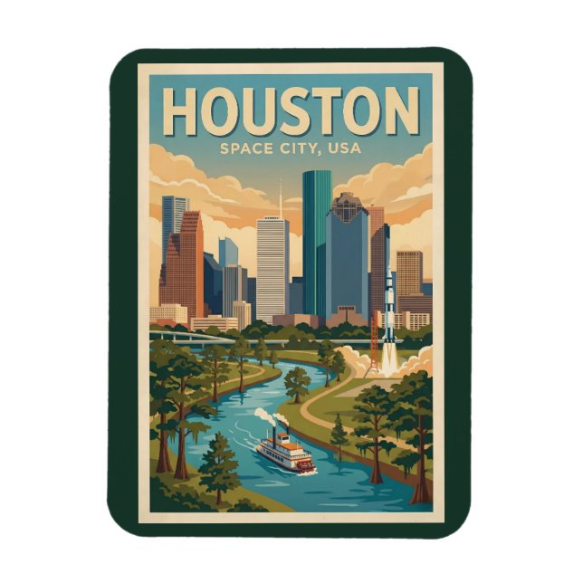 Íman Houston Texas Illustration Travel Art Vintage (Vertical)