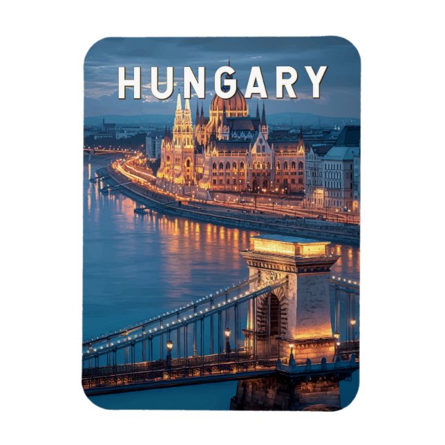 Íman Hungary Illustration Travel Art Vintage (Vertical)