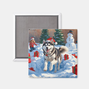 Íman Husky Siberiano Correndo na Neve com Chapéu de Nat