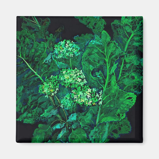 Íman Hydrangea e Horseradish Floral Art Black & Green (Frente)