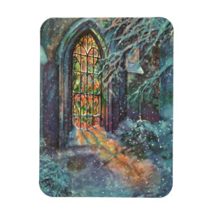 Íman Igreja de Natal Vintage com Vitral