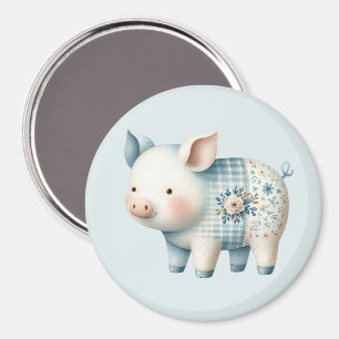 Íman Ilustração Cottagecore de Porco em Patchwork Azul