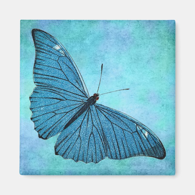 Íman Ilustração da Borboleta Azul-Teal Vintage da décad (Frente)