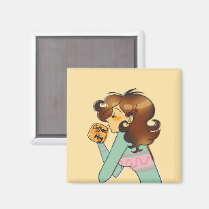 Íman Ilustração da Garota do Café Aconchegante da Manhã