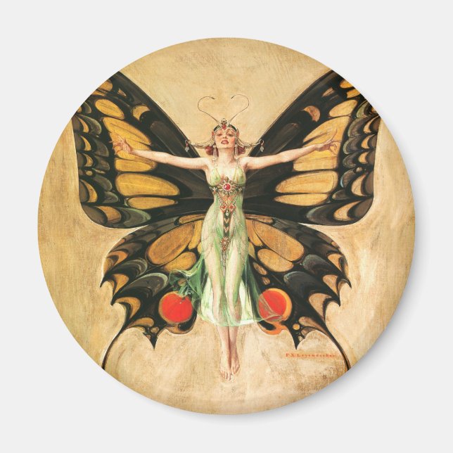 Íman Ilustração da Mulher Voando Borboleta Flapper (Frente)