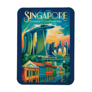Íman Ilustração da Paisagem de Singapura Arte de Viagem