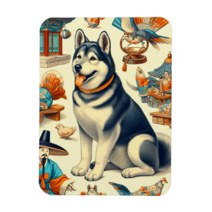 Íman Ilustração de Cachorro Jindo Coreano Vintagae