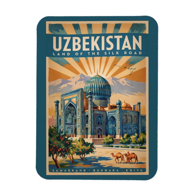 Íman Ilustração de Camelo do Uzbequistão Arte de Viagem (Vertical)