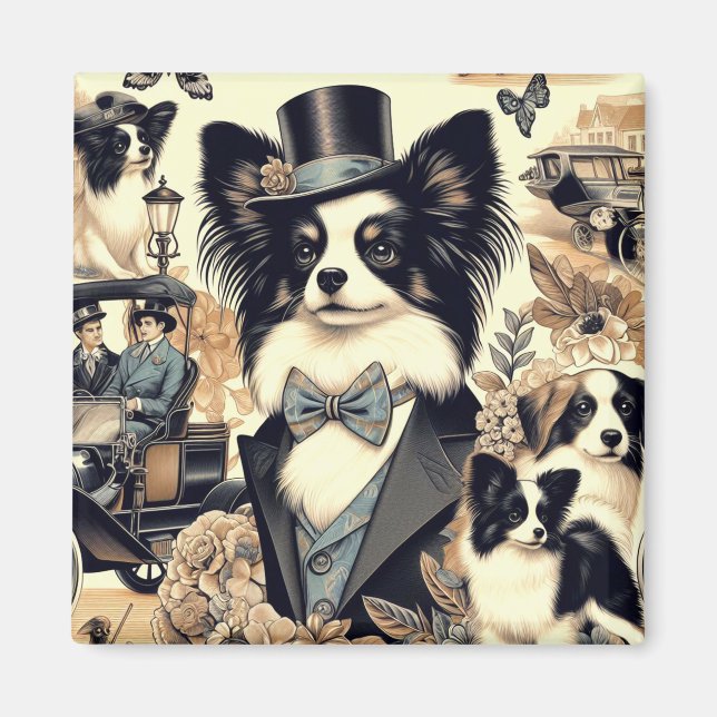 Íman Ilustração de Cão Vintage Papillon (Frente)