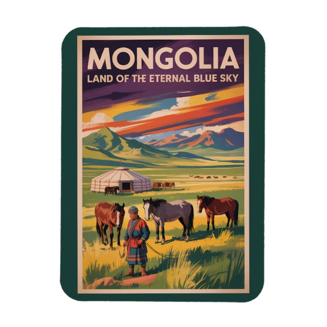 Íman Ilustração de Cavalos Yurt da Mongólia Arte de Via (Vertical)