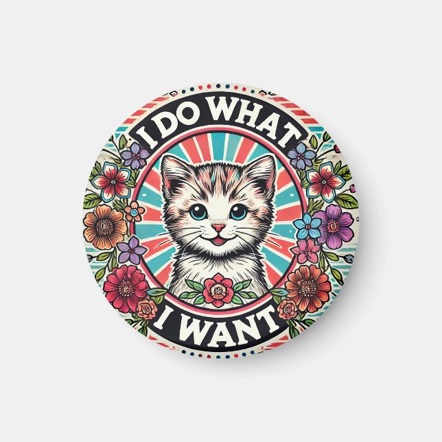 Íman Ilustração de Gato com Flores e Slogan Positivo (Frente)