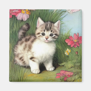 Íman Ilustração de Gato Vintage com Flores Vermelhas