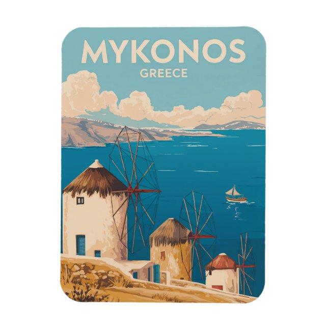Íman Ilustração de Mykonos Grécia Arte de Viagem Vintag (Vertical)