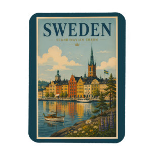 Íman Ilustração de Paisagem da Suécia Viagem Arte Vinta