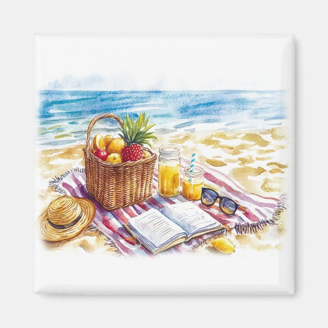 Íman Ilustração de Picnic Watercolor em Summer Beach -  (Frente)