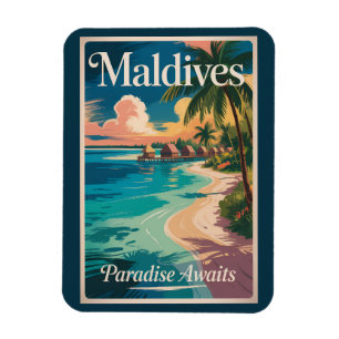 Íman Ilustração de Praia das Maldivas Arte de Viagem Vi