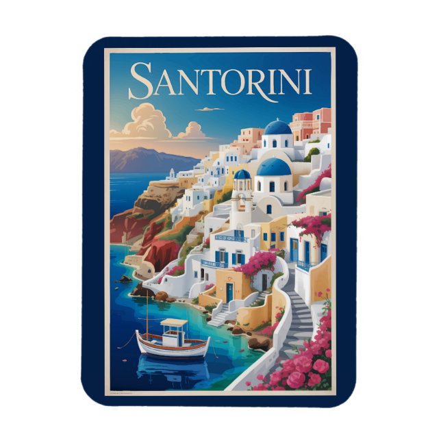 Íman Ilustração de Santorini Grécia Arte de Viagem Vint (Vertical)