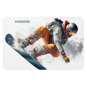 Íman Ilustração de Snowboarder de Nome Personalizado