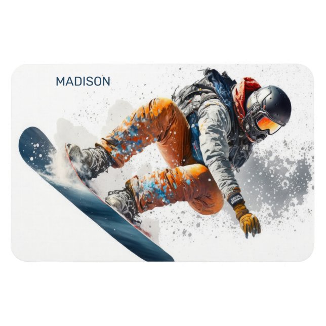 Íman Ilustração de Snowboarder de Nome Personalizado (Horizontal)