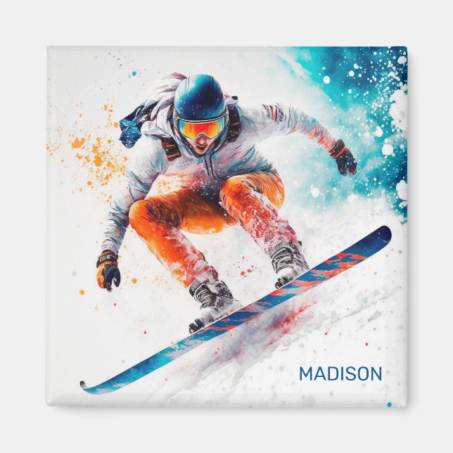 Íman Ilustração de Snowboarder de Nome Personalizado (Frente)