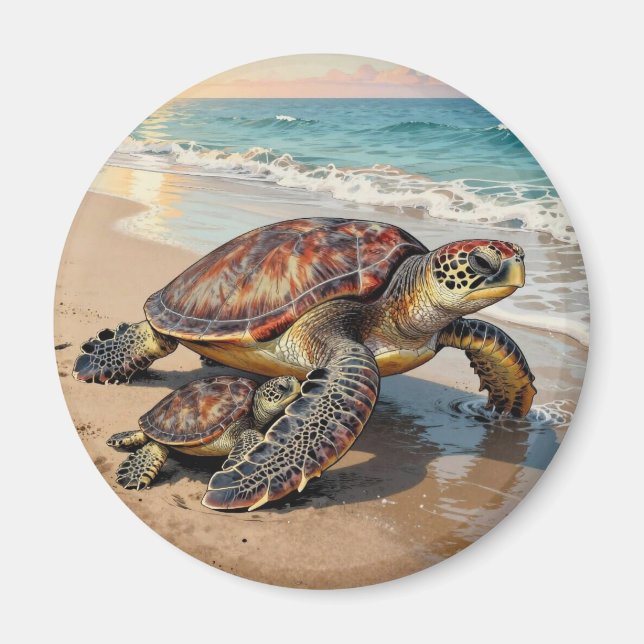 Íman Ilustração de Tartaruga Marinha e Bebê na Praia (Frente)