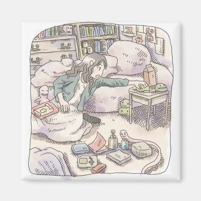 Íman Ilustração de uma mulher deitada em uma cama roxa  (Frente)