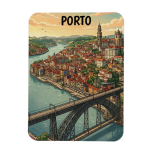 Íman Ilustração de Viagem Colorida Retro Porto Portugal