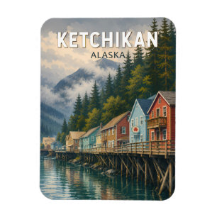 Íman Ilustração de Viagem de Ketchikan Alasca Vintage