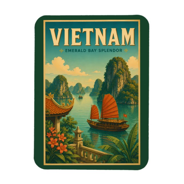 Íman Ilustração de viagem retro da Baía de Ha Long no V (Vertical)
