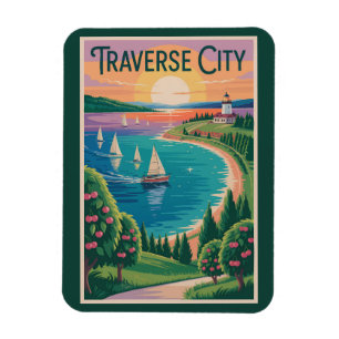 Íman Ilustração de Viagem Traverse City Lago Michigan