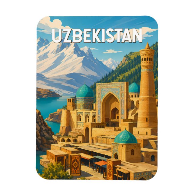 Íman Ilustração de viagem vintage do Uzbequistão (Vertical)