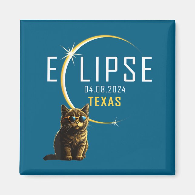 Íman Ilustração do Eclipse Solar Total do Texas em Gato (Frente)