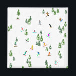 Íman Ilustração do Freeride Snowboarder Snowboard<br><div class="desc">Arte legal de ilustração branca de snowboarders coloridos,  descida de snowboard em montanhas entre pinheiros,  spruce,  árvores de abeto sobre pó fresco de neve. Snowboard e xmas esporte ao ar livre numa floresta de inverno. Dons do Snowboarder. Decoração de Natal de Snowboard.</div>