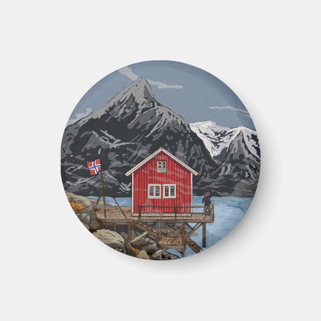 Íman Ilustração paisagística de Rorbu Lofoten Bergen No (Frente)