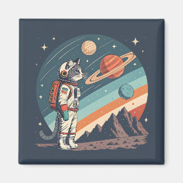 Íman Ilustração Retro de Astronauta Gato no Espaço Cósm