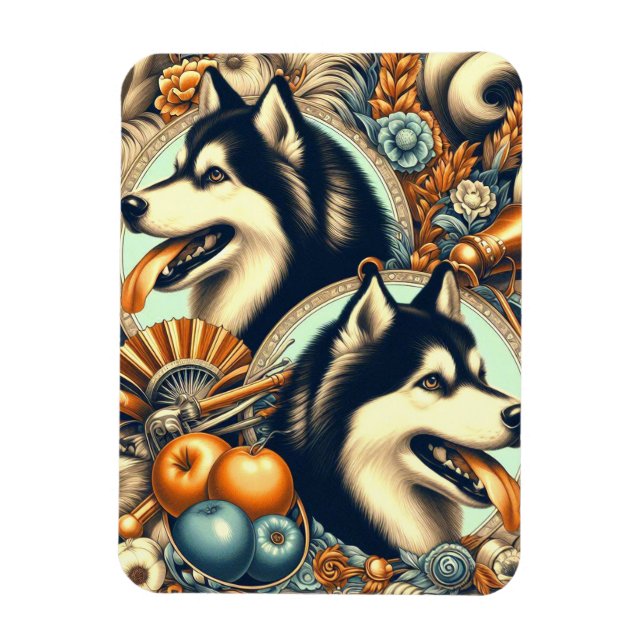 Íman Ilustração Retro Siberian Husky (Vertical)