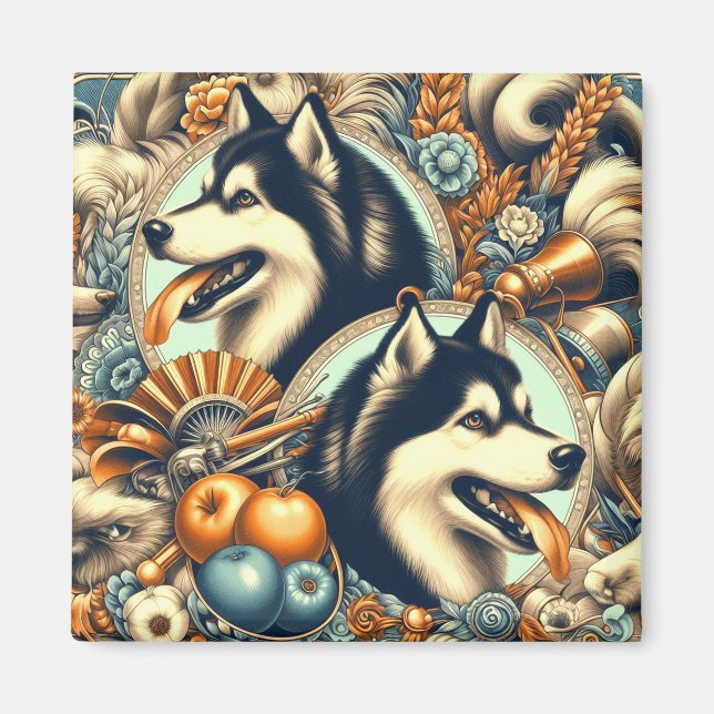 Íman Ilustração Retro Siberian Husky (Frente)