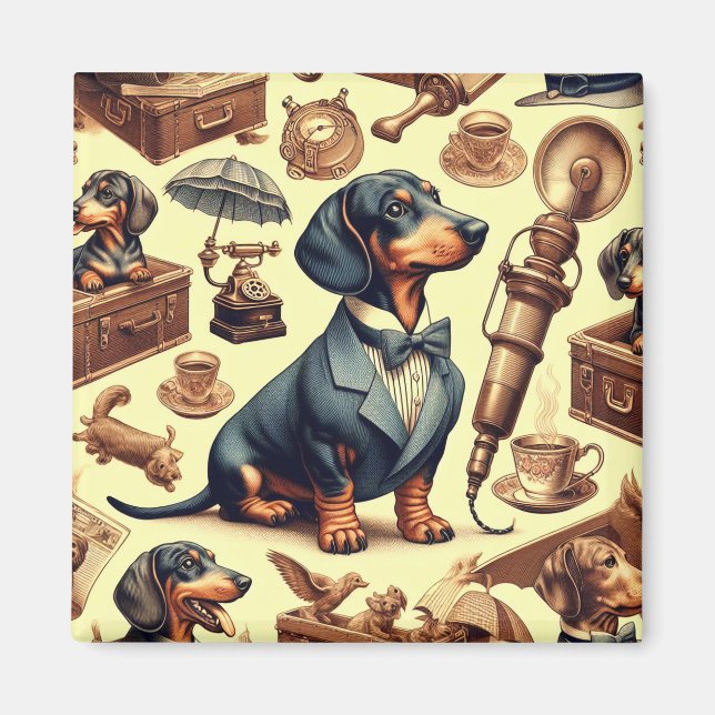 Íman Ilustração Vintage Dachshund (Frente)