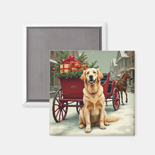 Íman Ilustração Vintage do Carriage de Natal com Golden