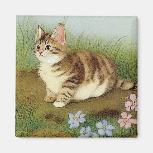 Íman Ilustração Vintage Kitten com Flores (Frente)