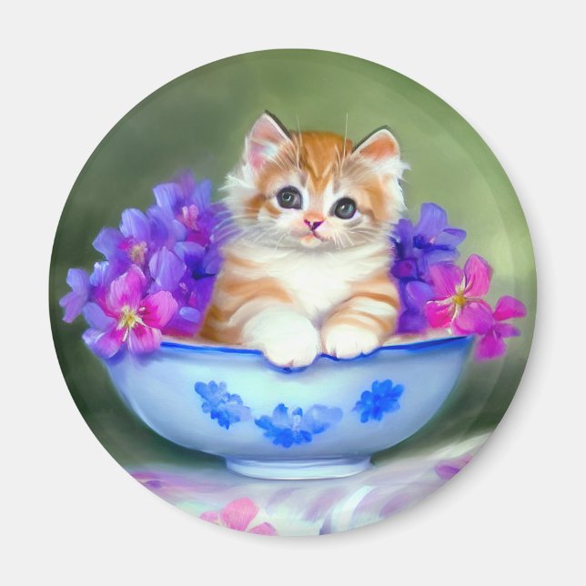 Íman Ilustração Vintage Laranja e White Kitten (Frente)